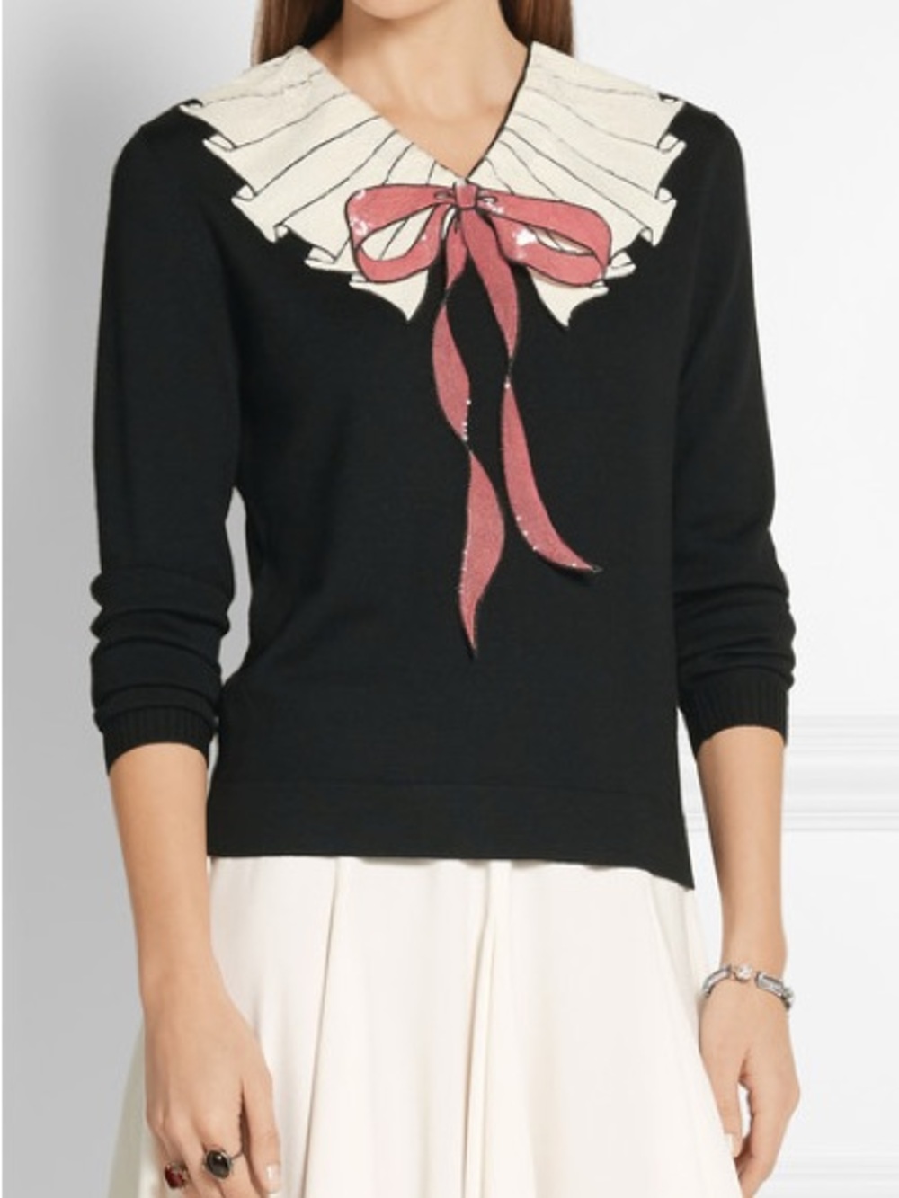 Gucci Black Sweater with Cream Ruffle Collar and Pink Bow